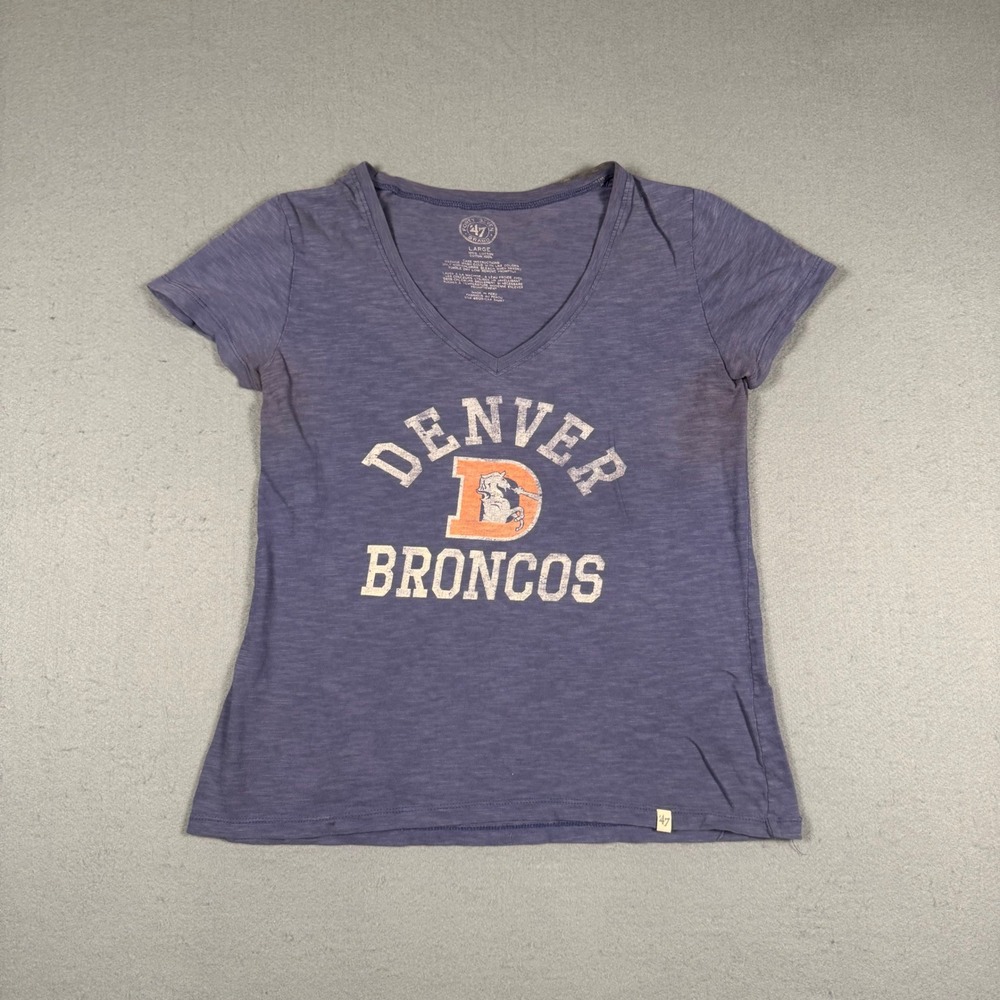 47 Brand Denver Broncos T Shirt Womens Large Blue Cotton V-Neck NFL Football Fan